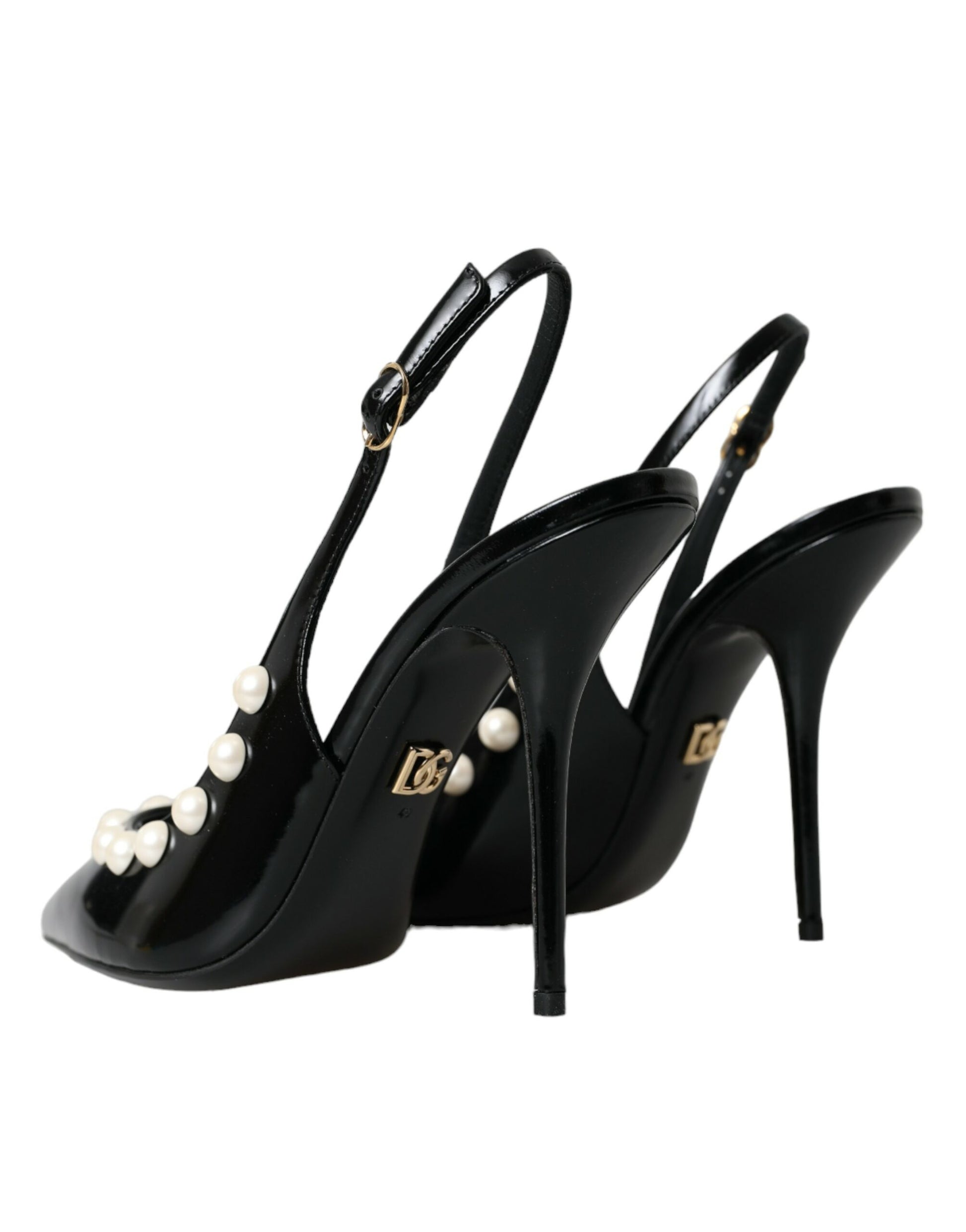 Schwarze Slingback-Schuhe aus Leder mit Kunstperlenabsatz