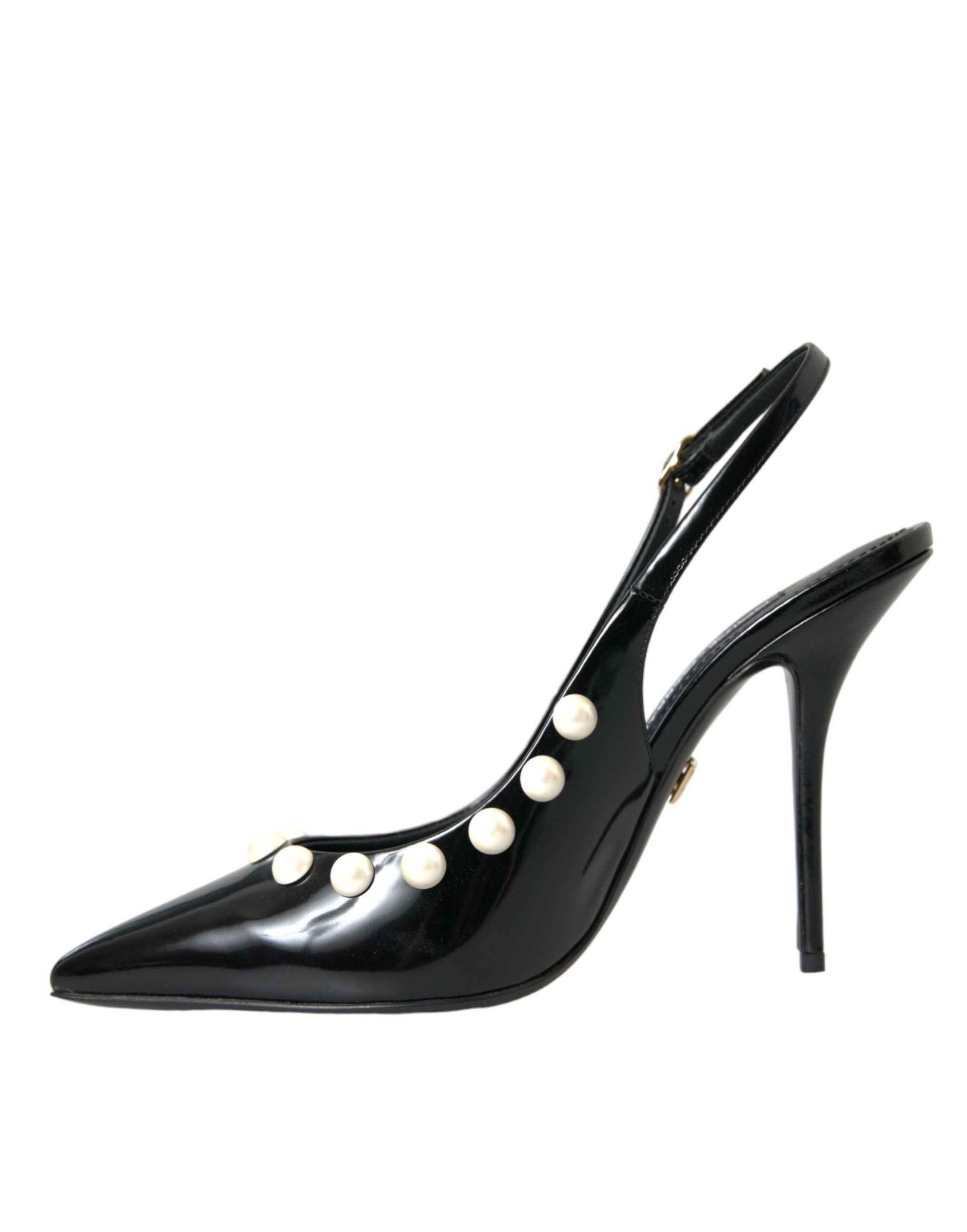 Schwarze Slingback-Schuhe aus Leder mit Kunstperlenabsatz
