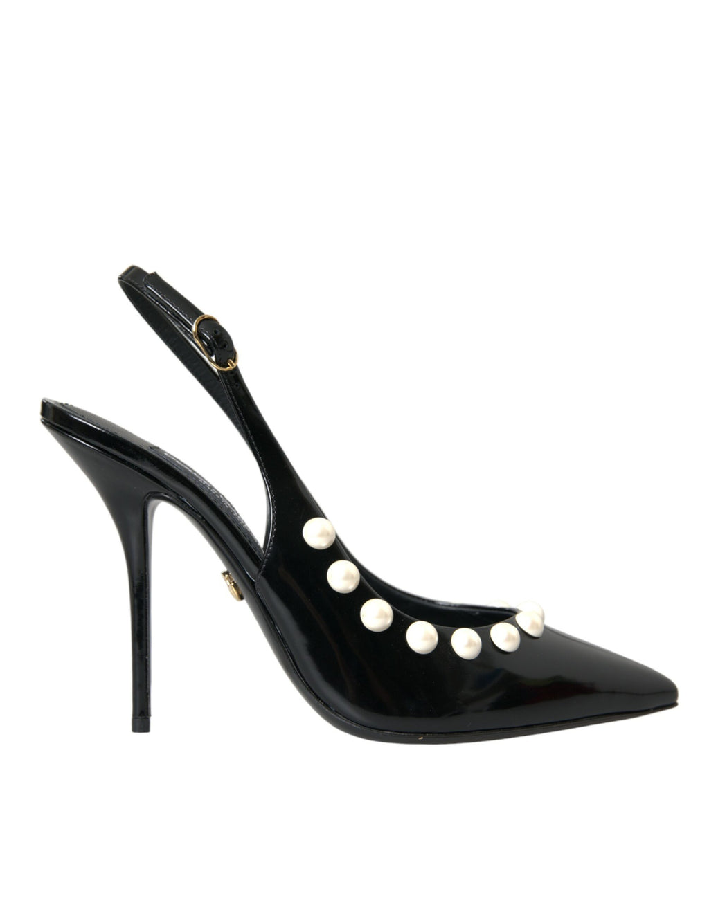 Schwarze Slingback-Schuhe aus Leder mit Kunstperlenabsatz