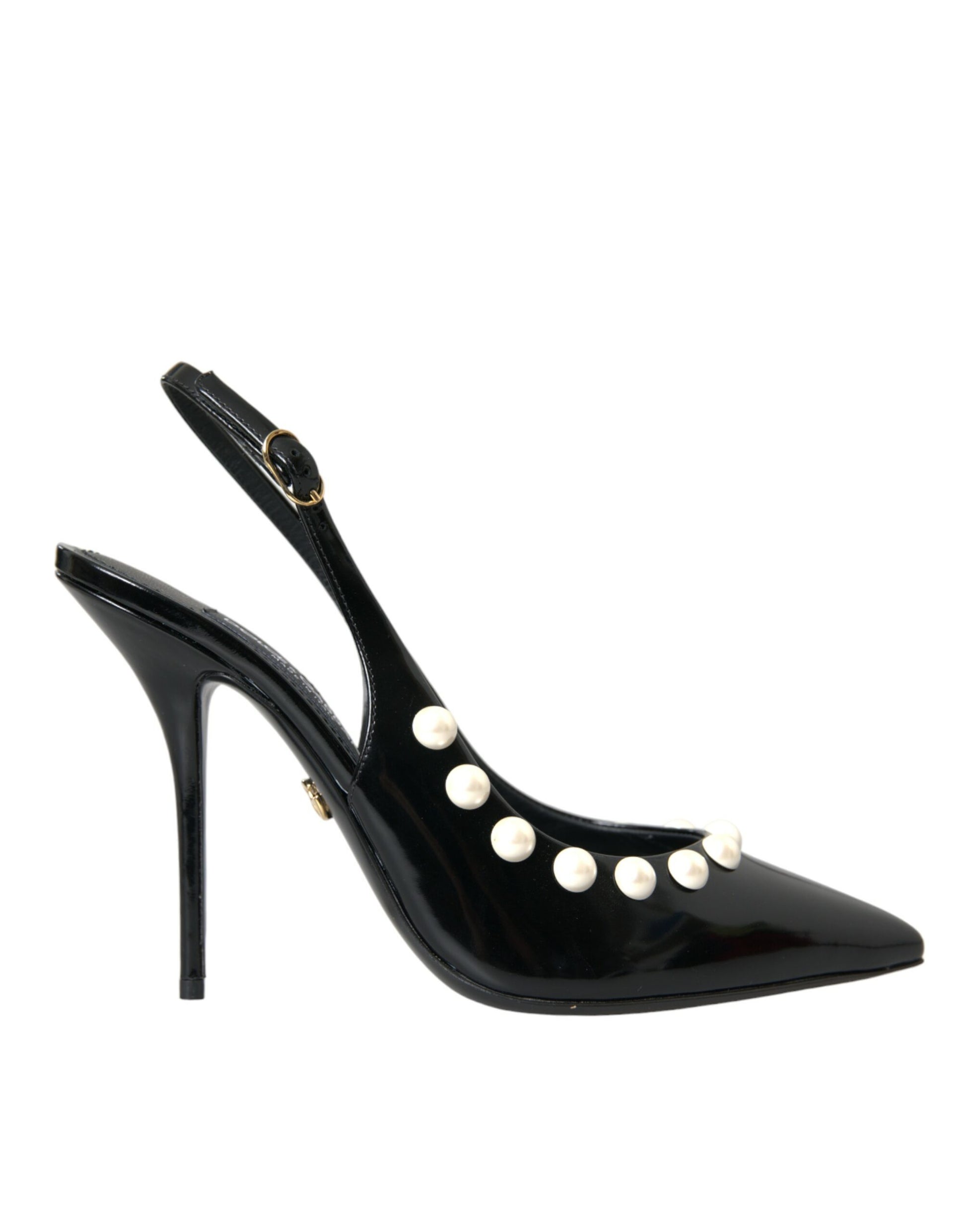 Schwarze Slingback-Schuhe aus Leder mit Kunstperlenabsatz
