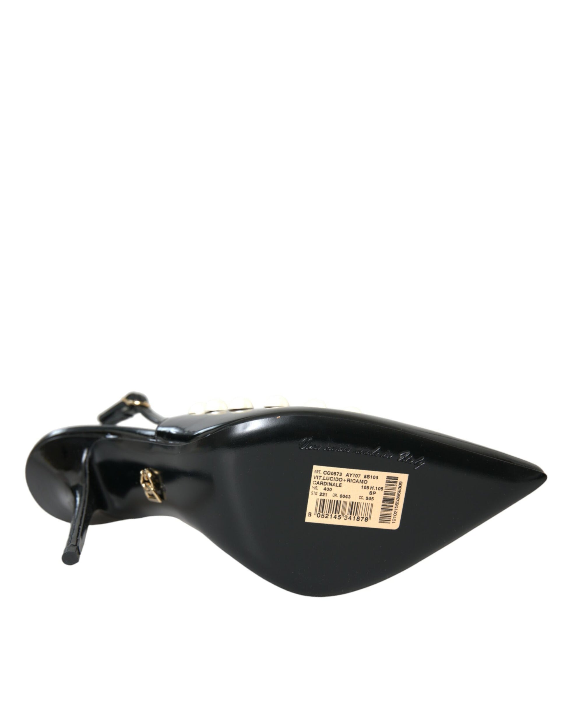 Schwarze Slingback-Schuhe aus Leder mit Kunstperlenabsatz