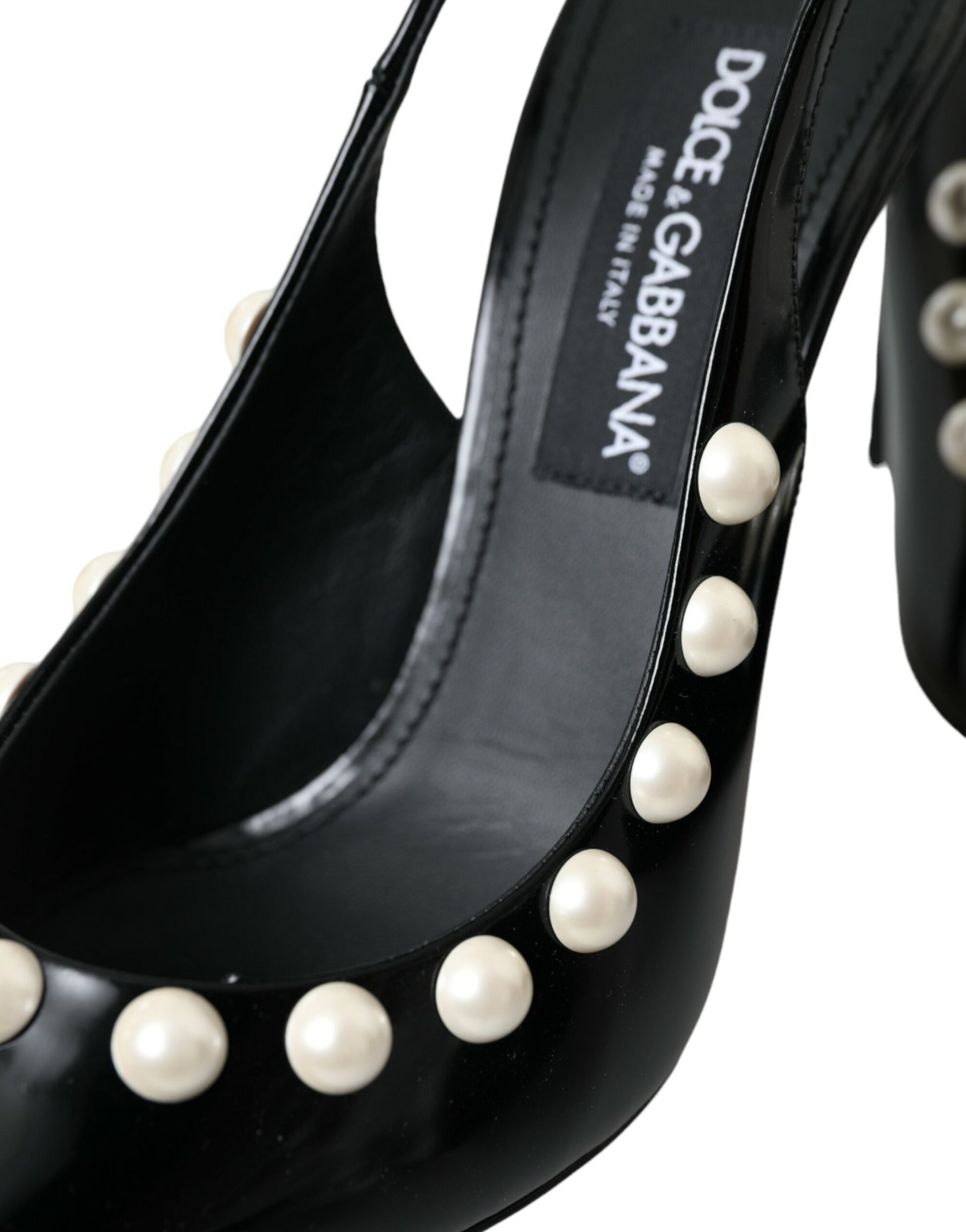 Schwarze Slingback-Schuhe aus Leder mit Kunstperlenabsatz
