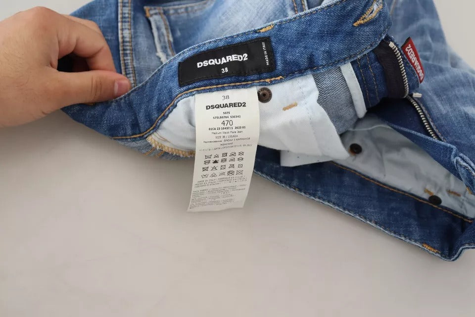 Blaue, verwaschene Jeans aus Baumwolle mit mittlerer Taille und Schlag