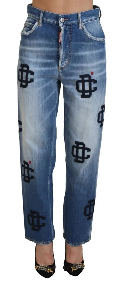 Blau verwaschene Boston Jeans mit hoher Taille und geradem Denim
