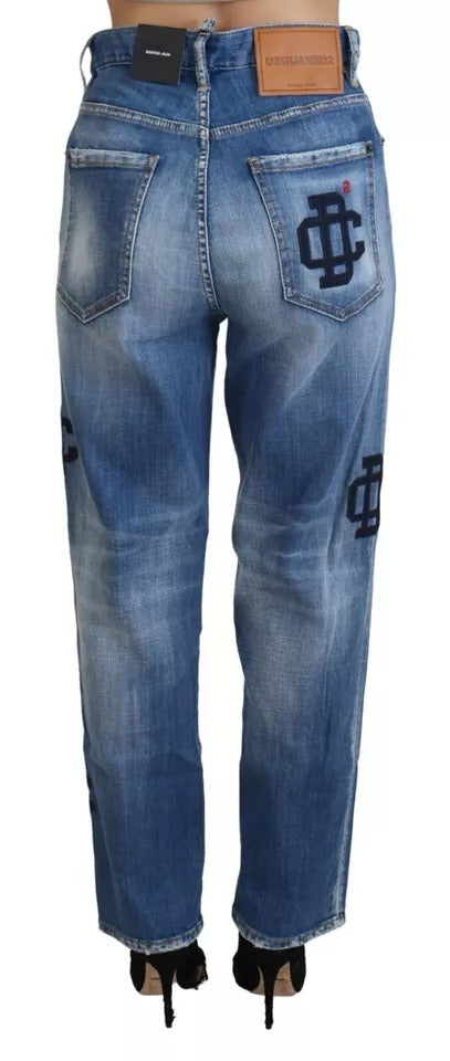 Blau verwaschene Boston Jeans mit hoher Taille und geradem Denim