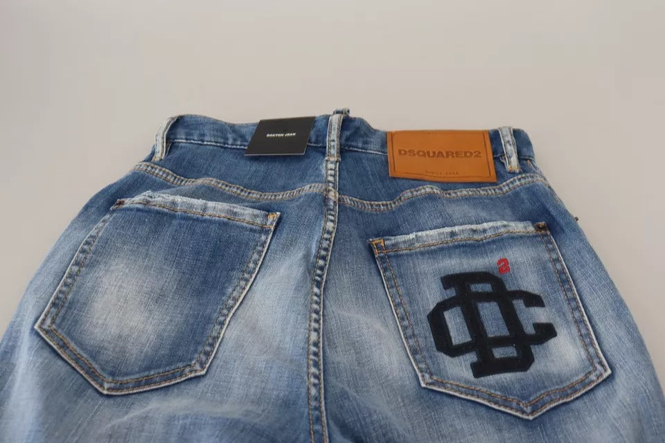 Blau verwaschene Boston Jeans mit hoher Taille und geradem Denim