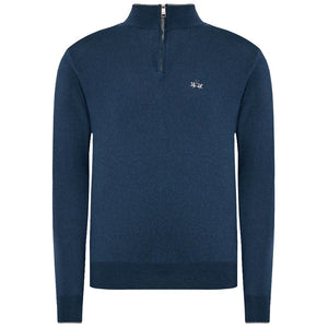 Blauer Wollpullover für Herren mit halbem Reißverschluss