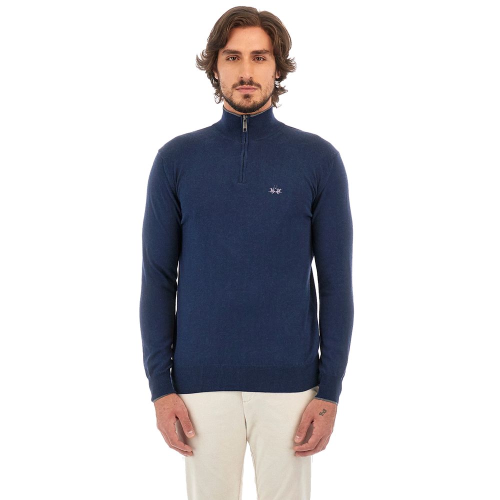 Blauer Wollpullover für Herren mit halbem Reißverschluss