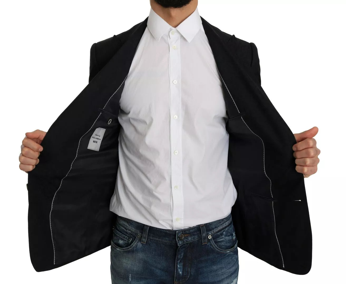 Blauer, schmaler Blazer aus Jacquard mit Blumenmuster