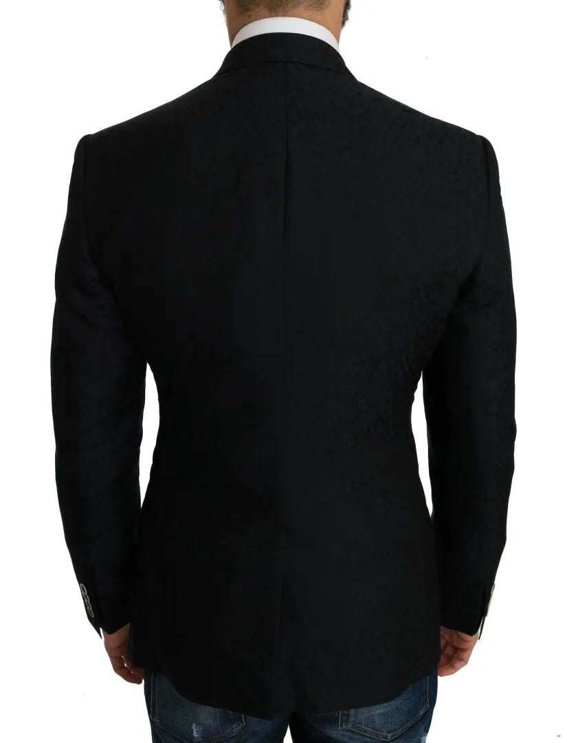 Blauer, schmaler Blazer aus Jacquard mit Blumenmuster