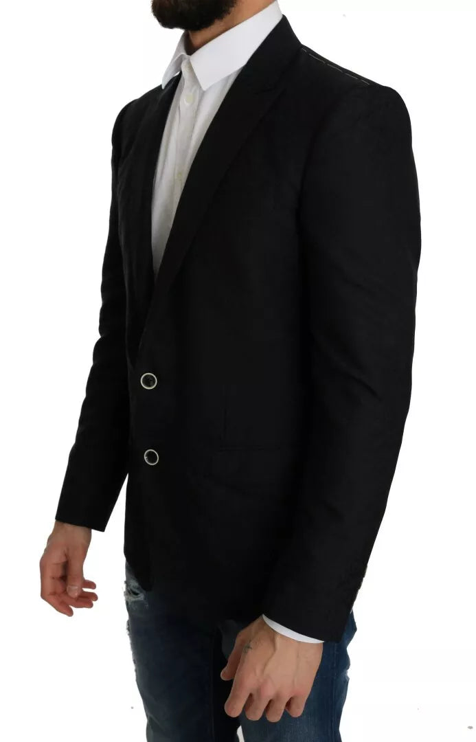 Blauer, schmaler Blazer aus Jacquard mit Blumenmuster