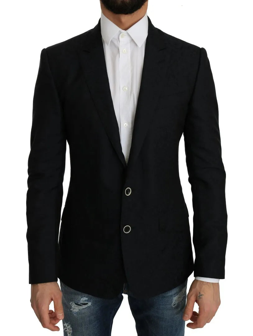 Blauer, schmaler Blazer aus Jacquard mit Blumenmuster
