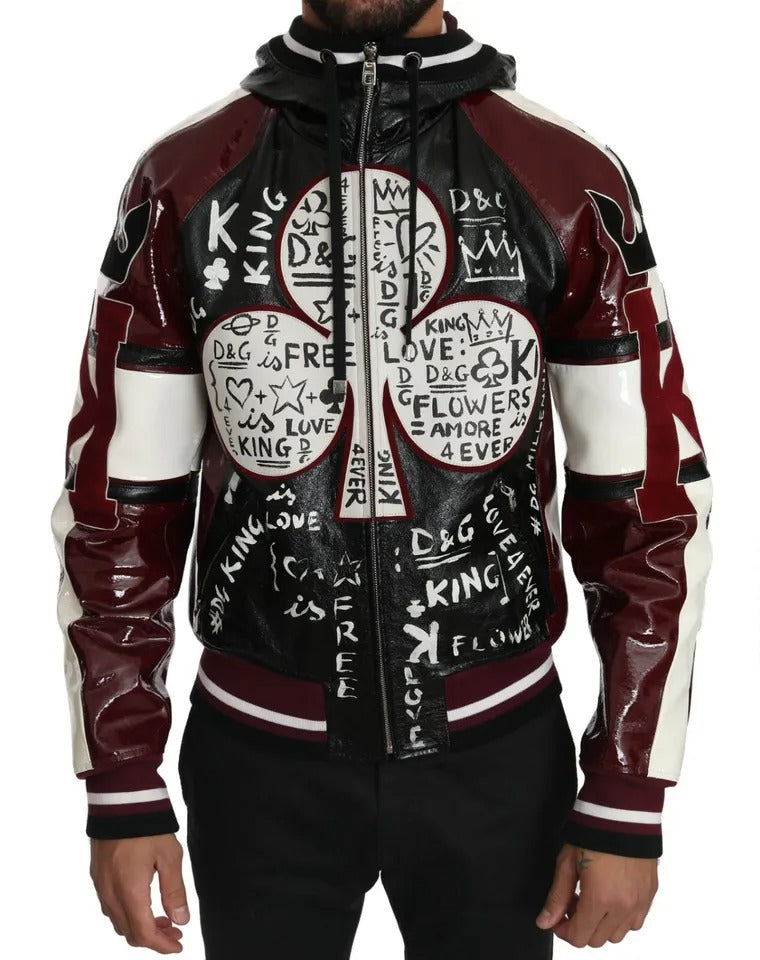 Schwarze Bordeaux-Lederjacke mit Kapuze DG King of Love