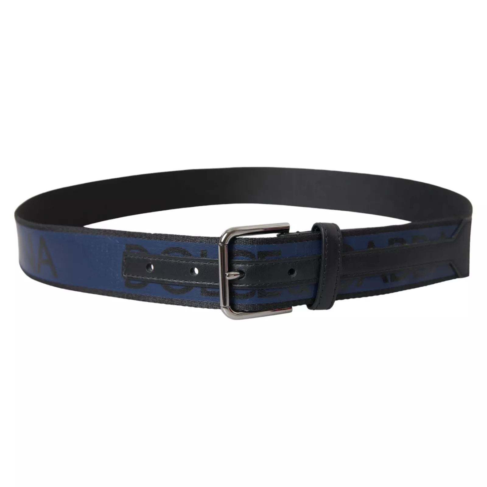 Schwarz-blauer Logo-Gürtel mit silberner Metallschnalle