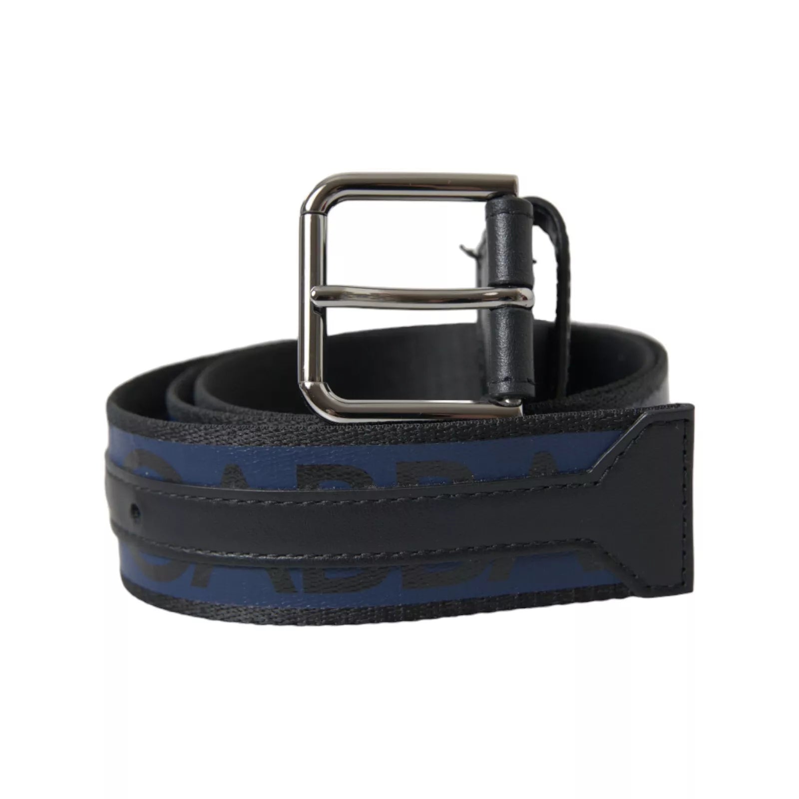 Schwarz-blauer Logo-Gürtel mit silberner Metallschnalle