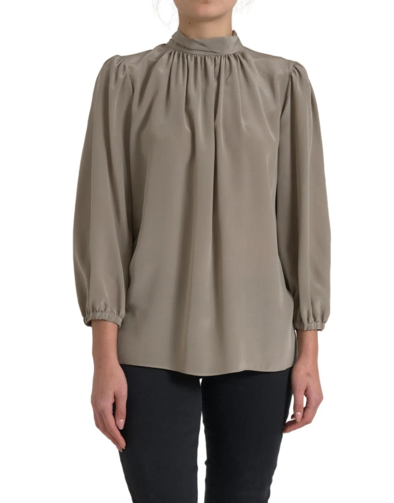 Graue Bluse mit Stehkragen und langen Ärmeln