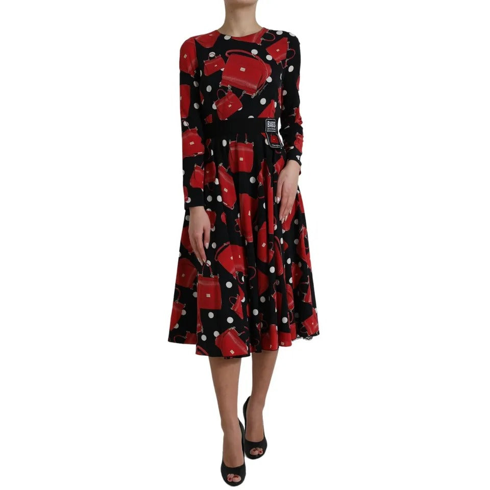 Schwarzes ausgestelltes Midikleid mit Sicily-Taschen-Print