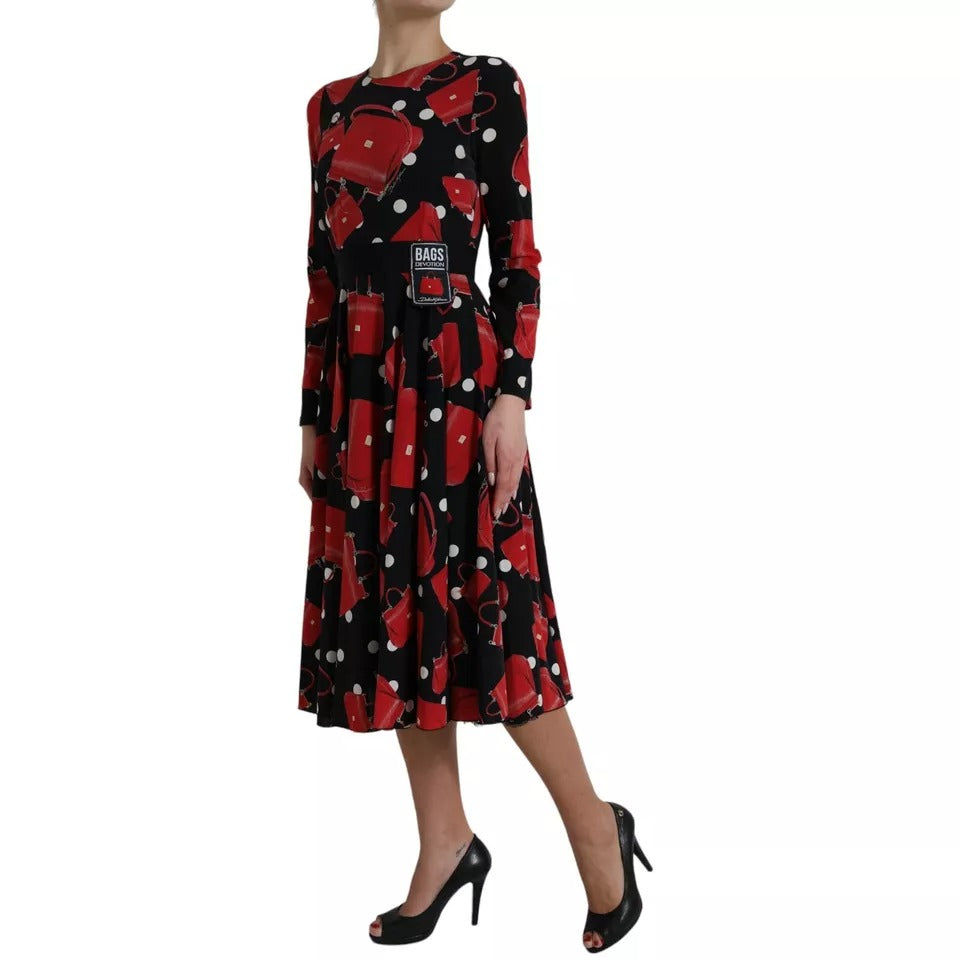 Schwarzes ausgestelltes Midikleid mit Sicily-Taschen-Print