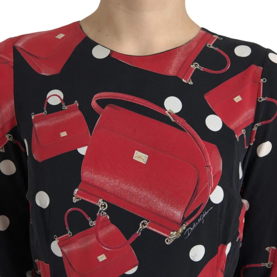 Schwarzes ausgestelltes Midikleid mit Sicily-Taschen-Print