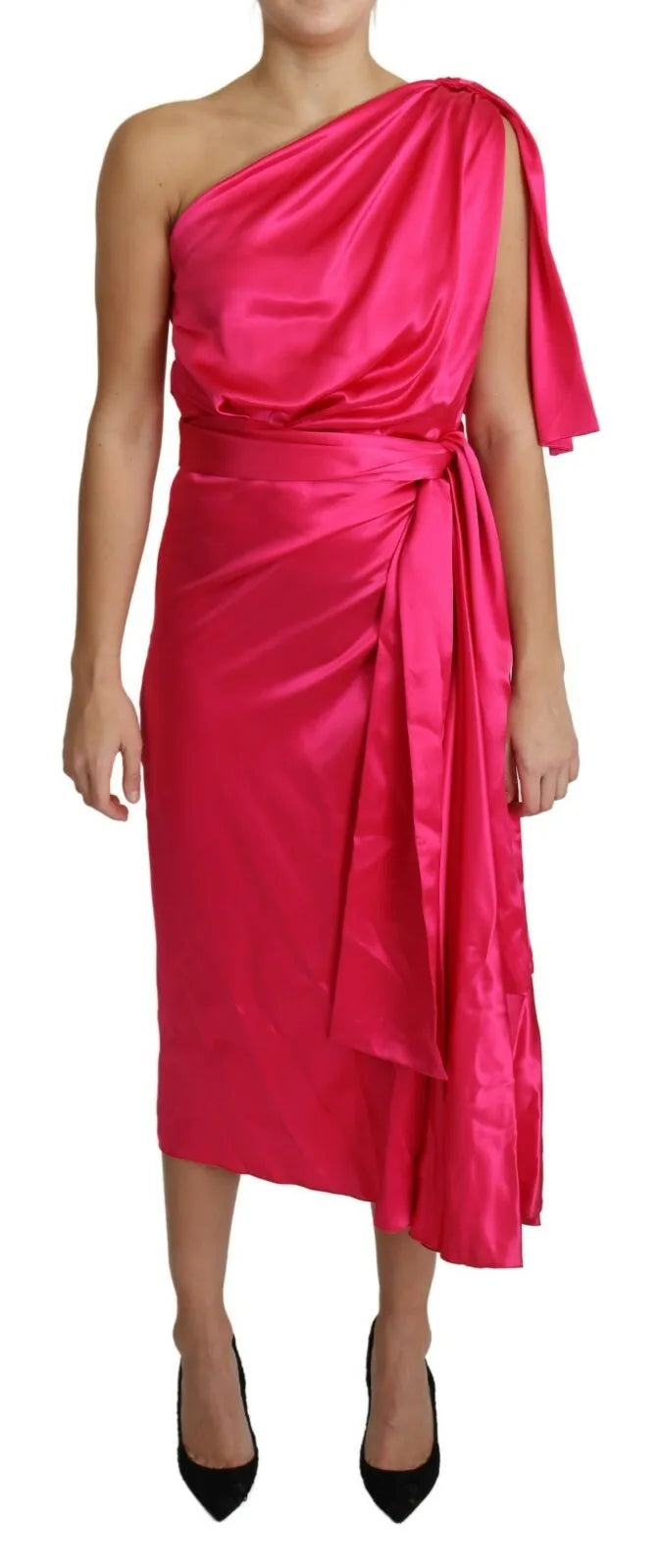 Fuchsiafarbenes, tailliertes One-Shoulder-Midikleid