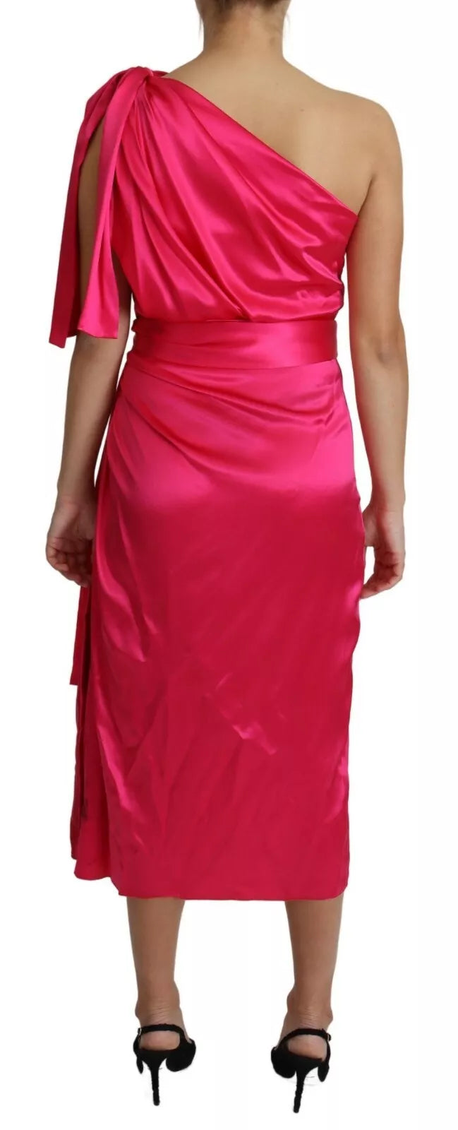 Fuchsiafarbenes, tailliertes One-Shoulder-Midikleid