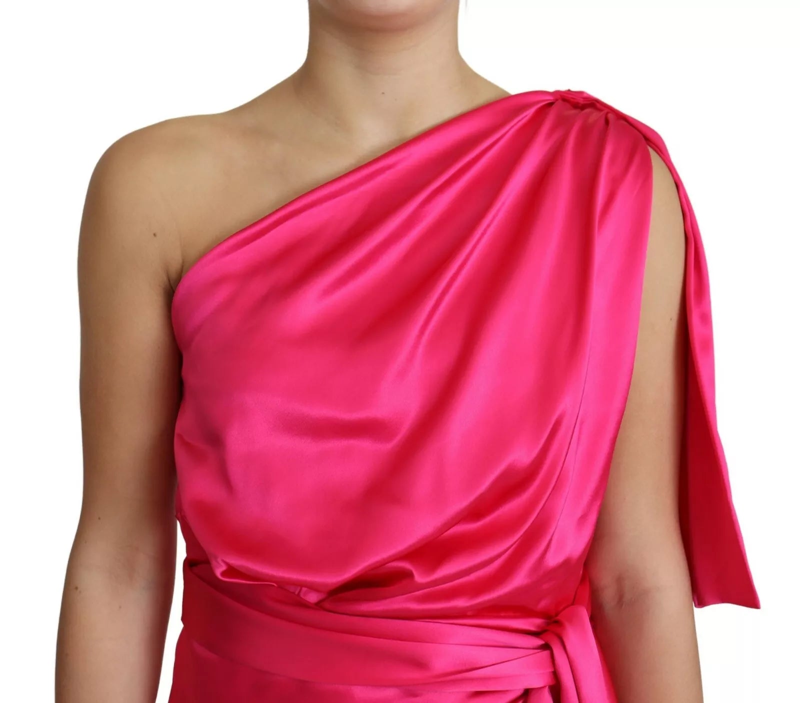 Fuchsiafarbenes, tailliertes One-Shoulder-Midikleid