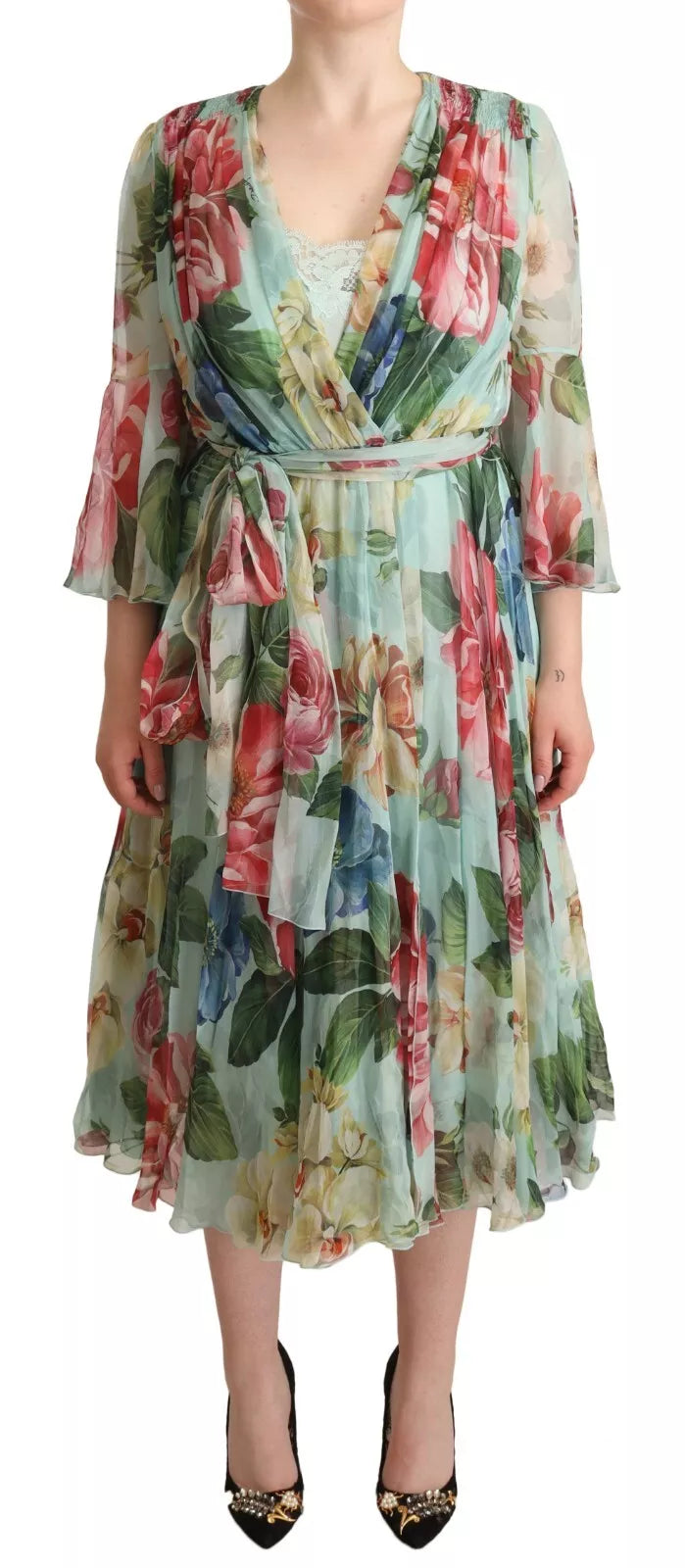 Grünes, geblümtes, langärmliges Midikleid mit V-Ausschnitt