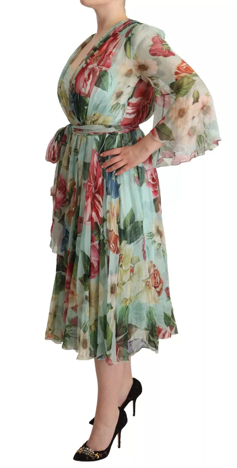 Grünes, geblümtes, langärmliges Midikleid mit V-Ausschnitt
