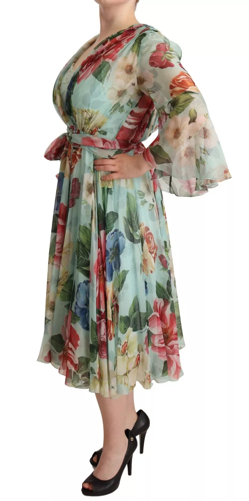 Mehrfarbiges grünes Wickelkleid aus Seide