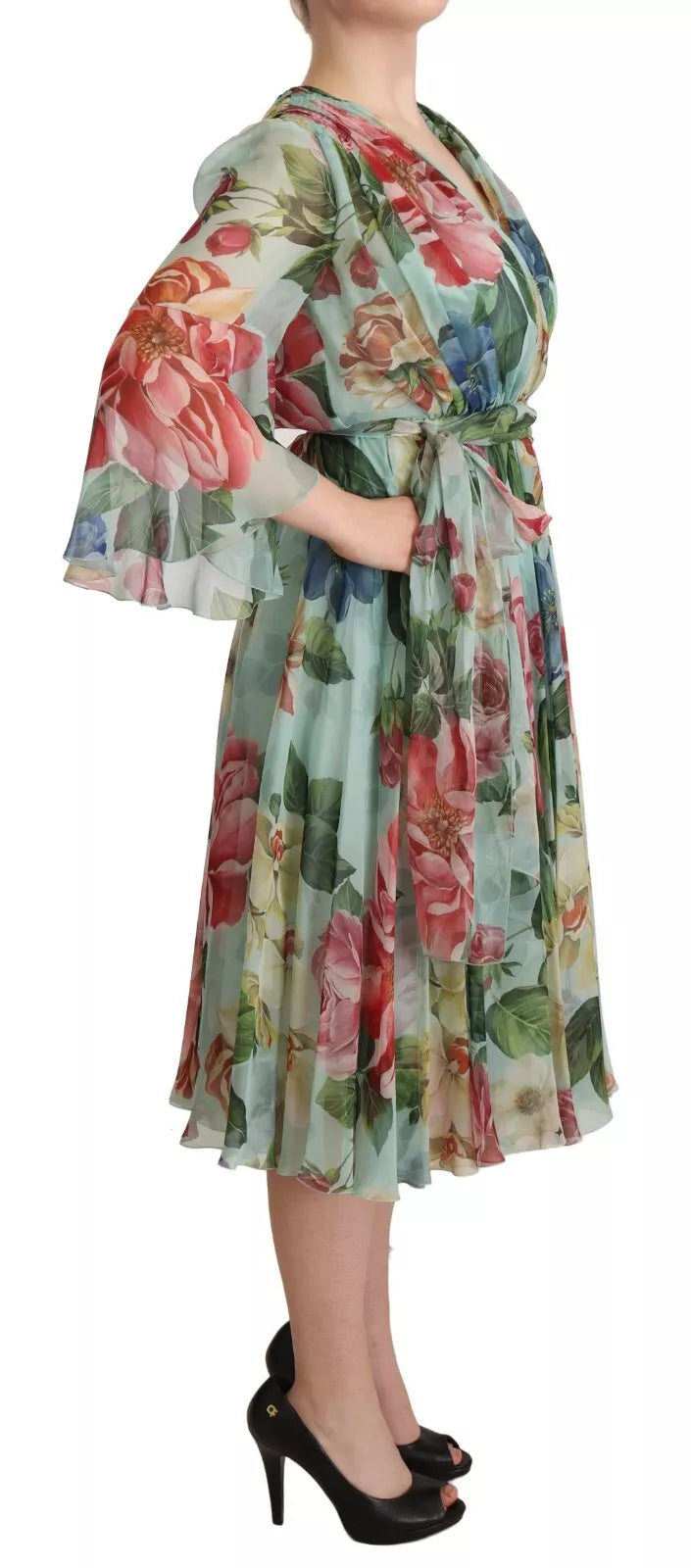 Mehrfarbiges grünes Wickelkleid aus Seide