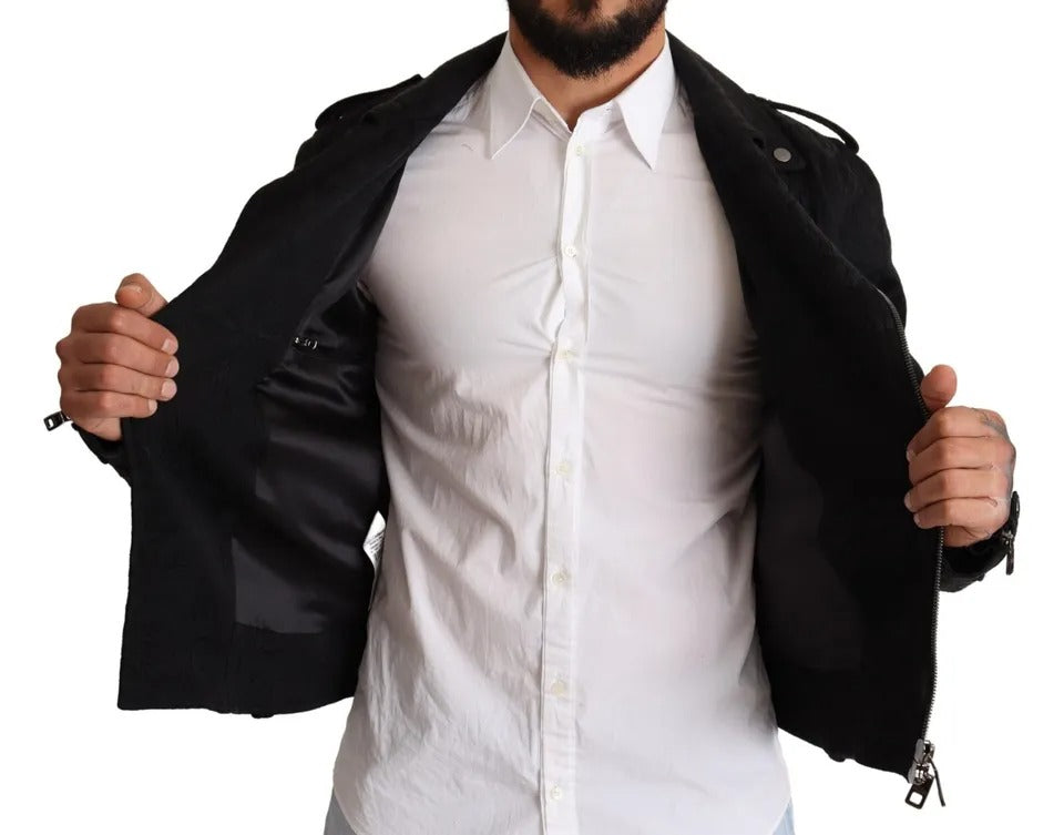 Schwarze Bikerjacke aus Brokat mit durchgehendem Reißverschluss