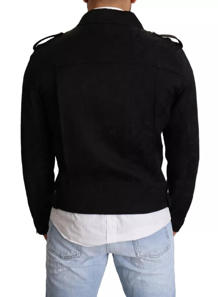 Schwarze Bikerjacke aus Brokat mit durchgehendem Reißverschluss