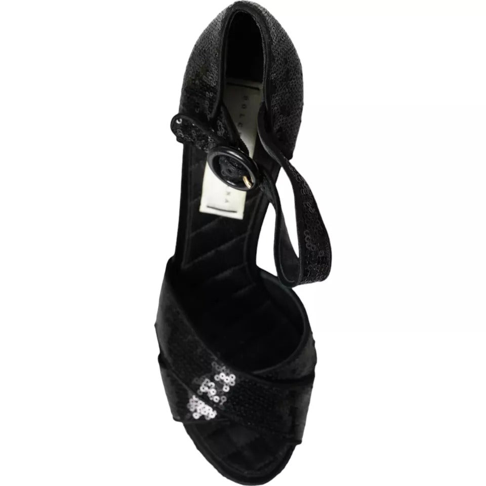 Schwarze Pailletten Knöchelriemen Heels Sandalen Schuhe