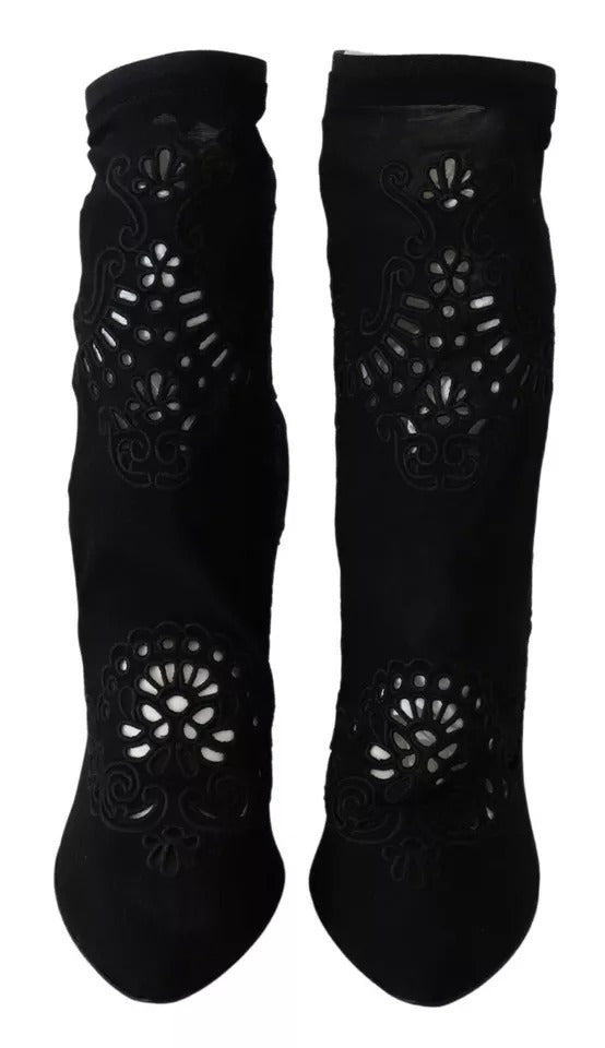 Schwarze Stretch-Pumps-Stiefel mit floraler Spitze