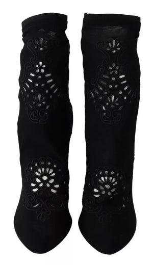 Schwarze Stretch-Pumps-Stiefel mit floraler Spitze