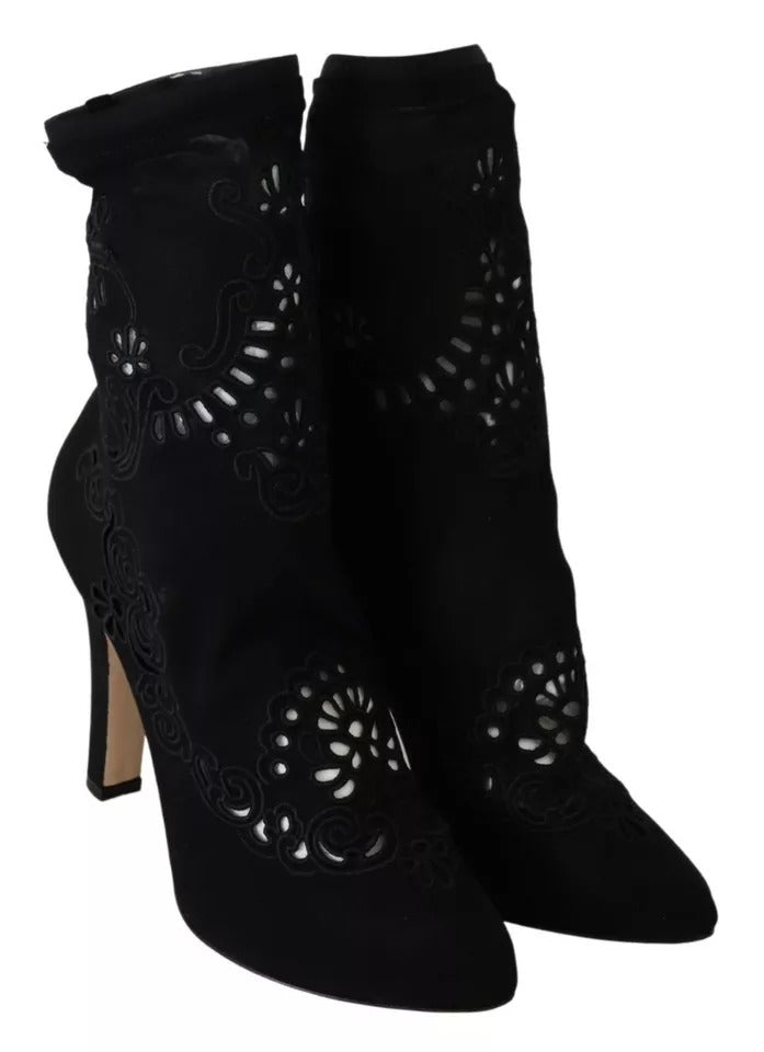 Schwarze Stretch-Pumps-Stiefel mit floraler Spitze