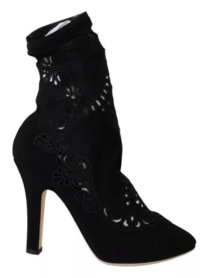 Schwarze Stretch-Pumps-Stiefel mit floraler Spitze