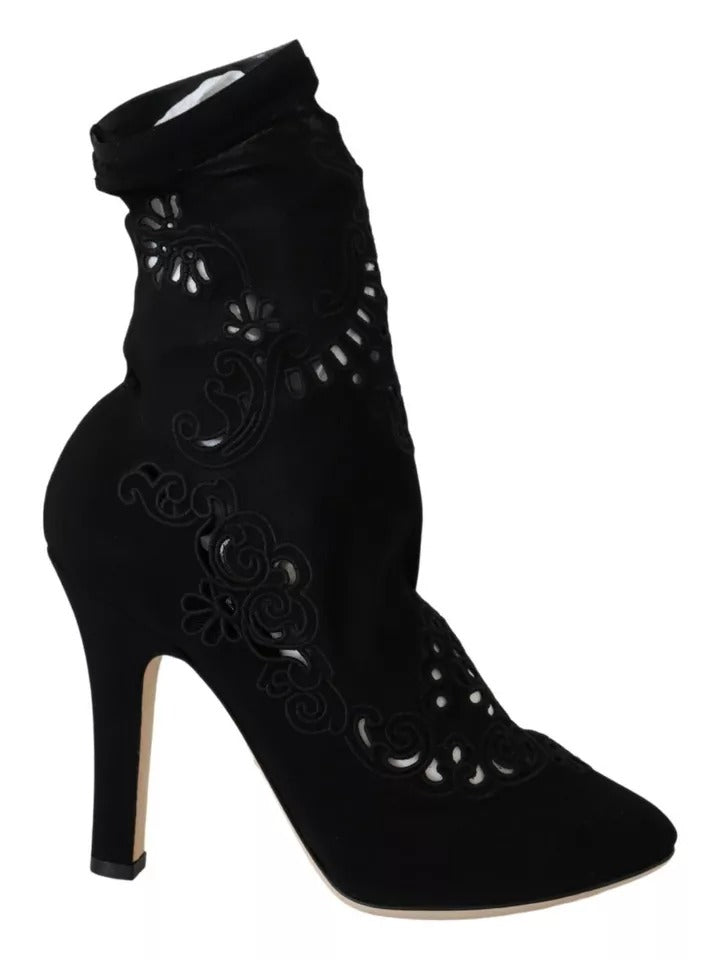 Schwarze Stretch-Pumps-Stiefel mit floraler Spitze