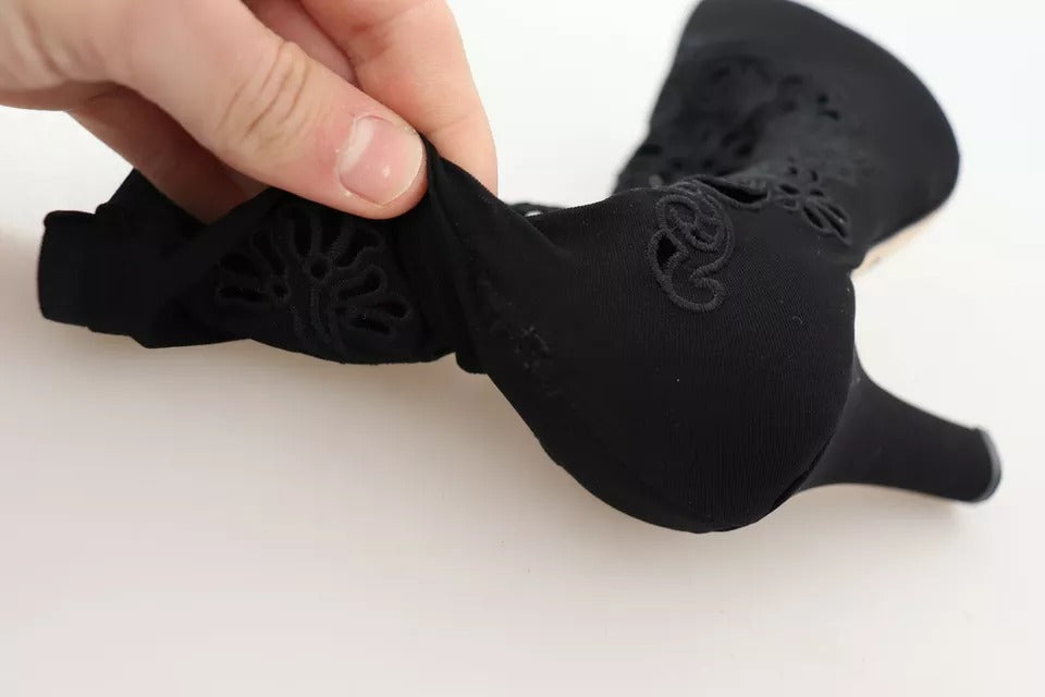 Schwarze Stretch-Pumps-Stiefel mit floraler Spitze
