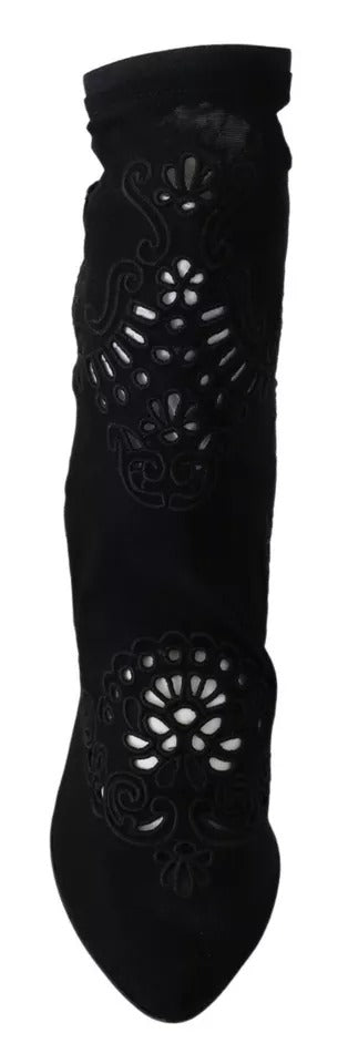 Schwarze Stretch-Pumps-Stiefel mit floraler Spitze