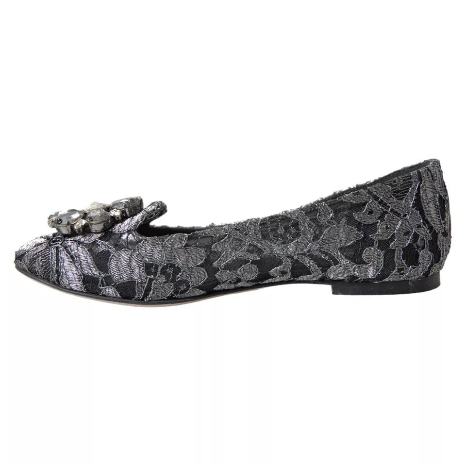 Graue schwarze Spitzen-Ballett-Loafer mit Kristallen