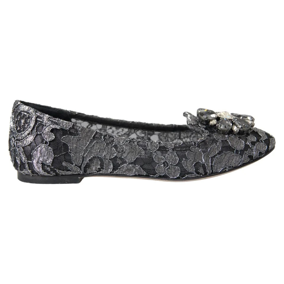 Graue schwarze Spitzen-Ballett-Loafer mit Kristallen