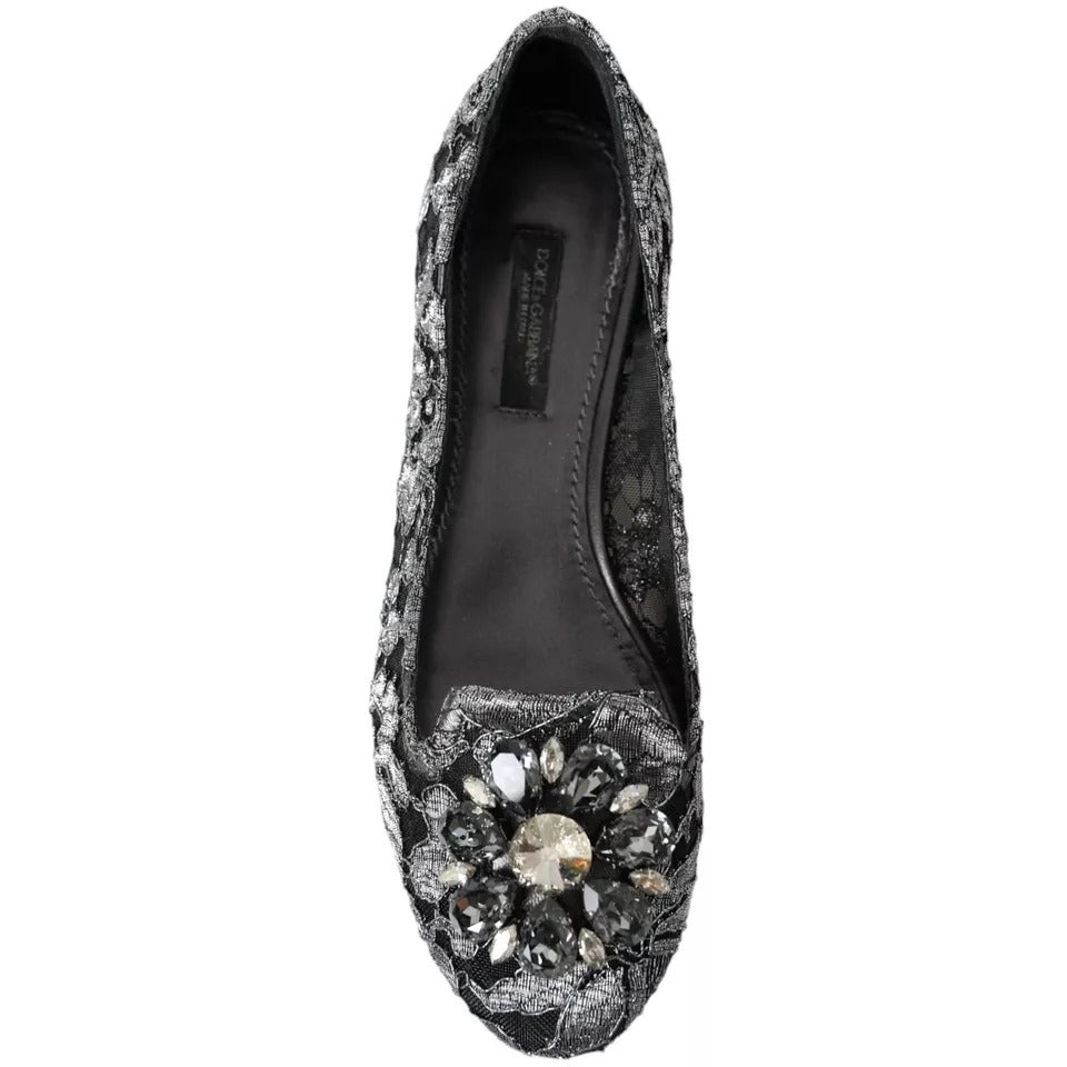 Graue schwarze Spitzen-Ballett-Loafer mit Kristallen