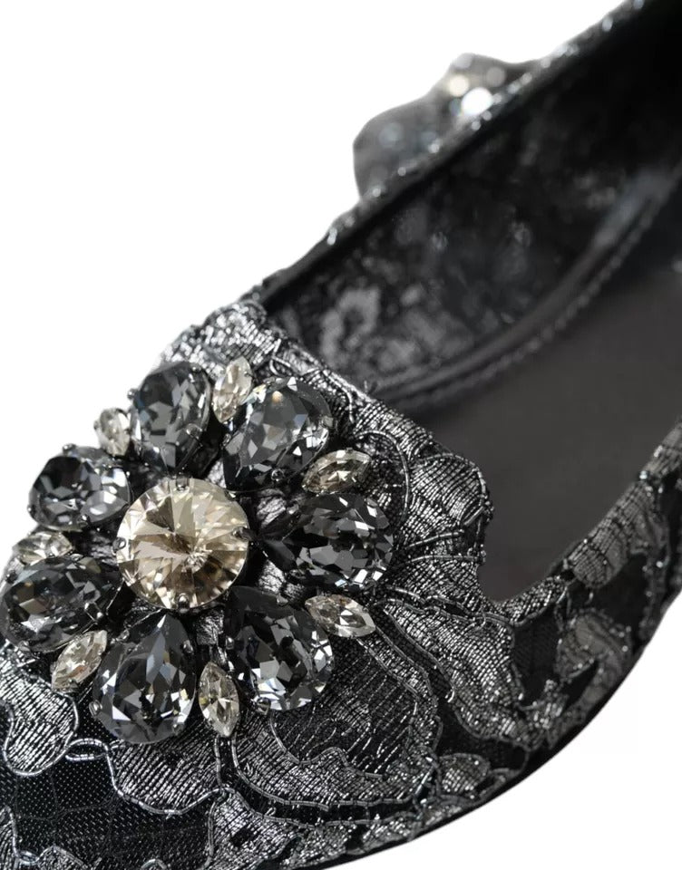 Graue schwarze Spitzen-Ballett-Loafer mit Kristallen