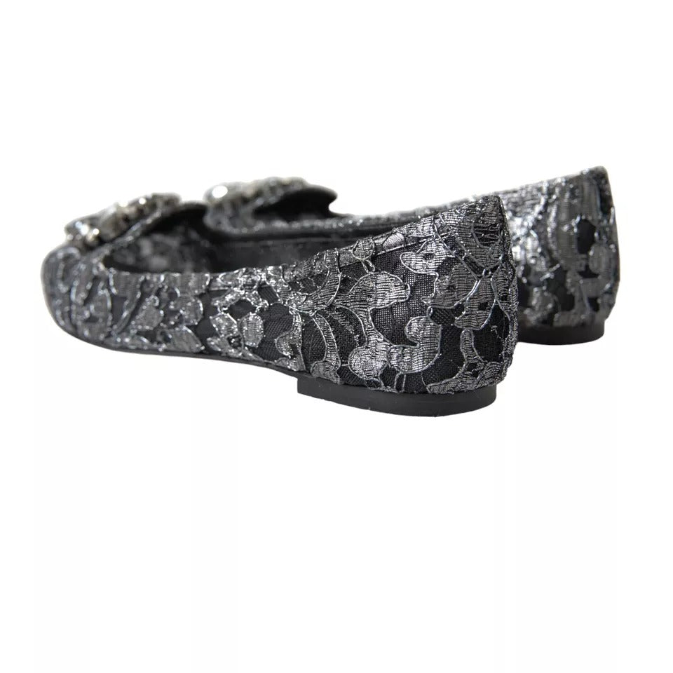 Graue schwarze Spitzen-Ballett-Loafer mit Kristallen