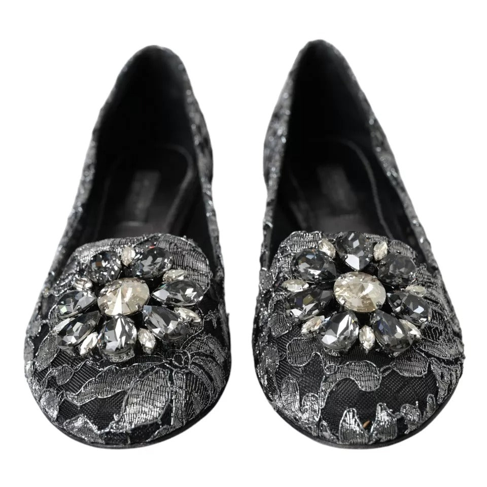 Graue schwarze Spitzen-Ballett-Loafer mit Kristallen