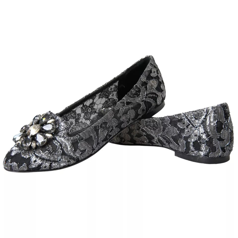 Graue schwarze Spitzen-Ballett-Loafer mit Kristallen