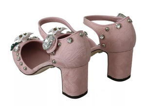 Rosa Brokat-Schuhe mit Kristall-Lilie und Knöchelriemen
