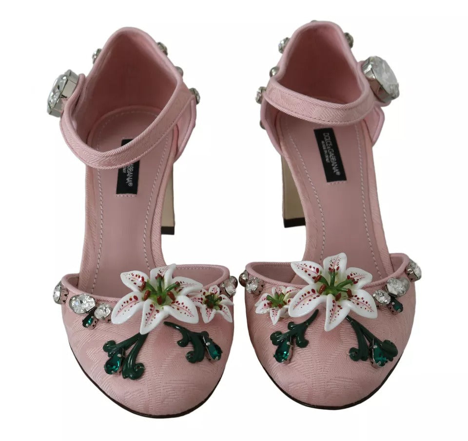 Rosa Brokat-Schuhe mit Kristall-Lilie und Knöchelriemen