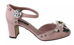 Rosa Brokat-Schuhe mit Kristall-Lilie und Knöchelriemen